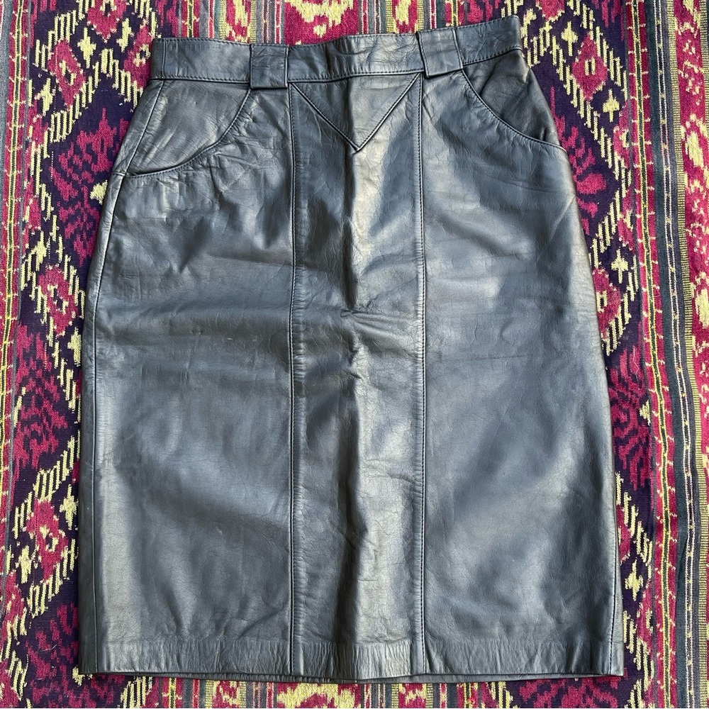 Vintage 90s High Waist Black Leather Pencil Skirt with Pockets Size 9